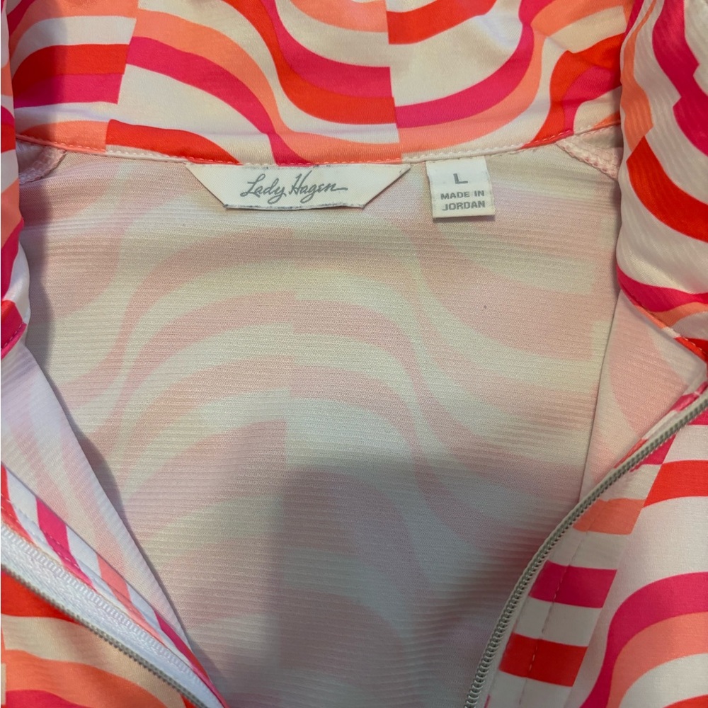 Lady Hagen Pink Orange and White Striped Quarter Zip Sporty Top Size Large - Picture 4 of 4